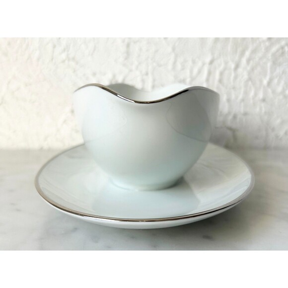 Vintage Noritake Colony China Gravy Boat Attached Underplate White Platinum Trim - Picture 5 of 9